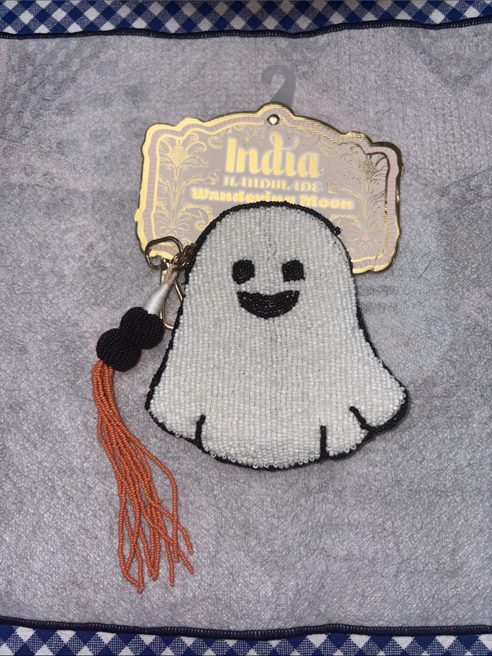 Beaded White Ghost Keychain with Orange Tassel